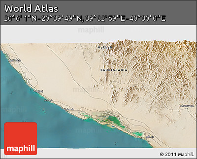 Satellite 3D Map of the Area around 20° 22' 55" N, 40° 1' 29" E