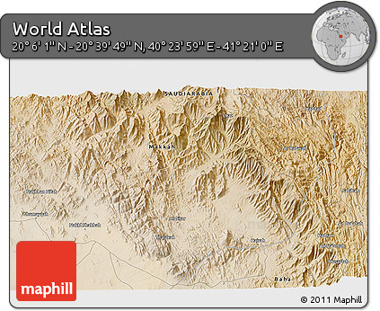 Satellite 3D Map of the Area around 20° 22' 55" N, 40° 52' 30" E