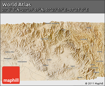 Satellite 3D Map of the Area around 20° 22' 55" N, 40° 52' 30" E