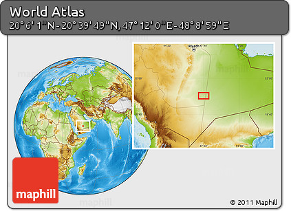 Physical Location Map of the Area around 20° 22' 55" N, 47° 40' 29" E