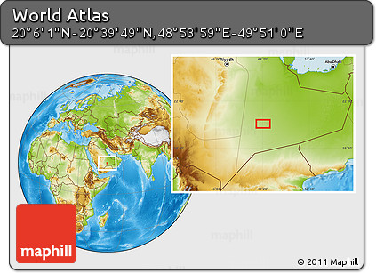 Physical Location Map of the Area around 20° 22' 55" N, 49° 22' 30" E