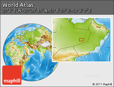 Physical Location Map of the Area around 20° 22' 55" N, 53° 37' 30" E