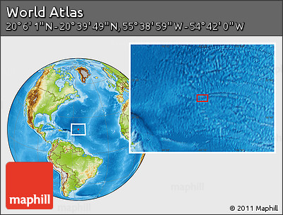 Physical Location Map of the Area around 20° 22' 55" N, 55° 10' 29" W