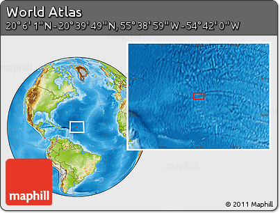 Physical Location Map of the Area around 20° 22' 55" N, 55° 10' 29" W
