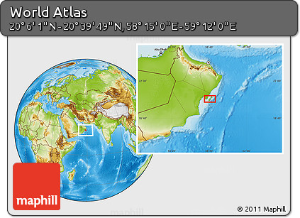Physical Location Map of the Area around 20° 22' 55" N, 58° 43' 30" E
