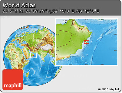 Physical Location Map of the Area around 20° 22' 55" N, 58° 43' 30" E