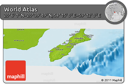 Physical Panoramic Map of the Area around 20° 22' 55" N, 58° 43' 30" E