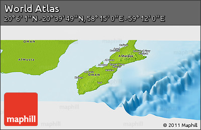 Physical Panoramic Map of the Area around 20° 22' 55" N, 58° 43' 30" E