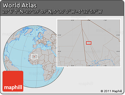 Gray Location Map of the Area around 20° 22' 55" N, 5° 1' 30" W