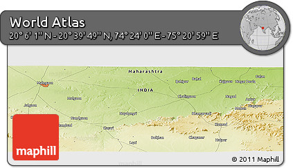 Physical Panoramic Map of the Area around 20° 22' 55" N, 74° 52' 30" E
