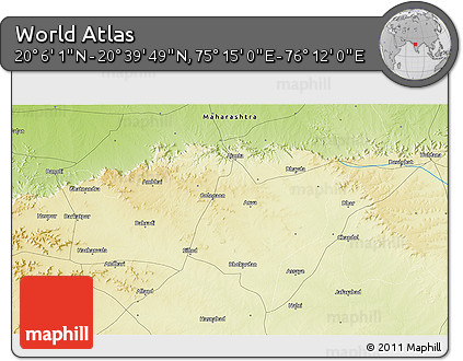 Physical 3D Map of the Area around 20° 22' 55" N, 75° 43' 29" E