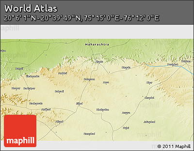 Physical 3D Map of the Area around 20° 22' 55" N, 75° 43' 29" E
