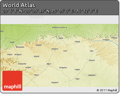 Physical 3D Map of the Area around 20° 22' 55" N, 75° 43' 29" E