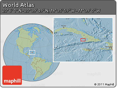 Savanna Style Location Map of the Area around 20° 22' 55" N, 78° 7' 30" W, hill shading