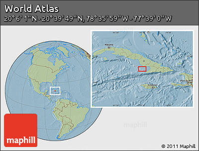 Savanna Style Location Map of the Area around 20° 22' 55" N, 78° 7' 30" W, hill shading