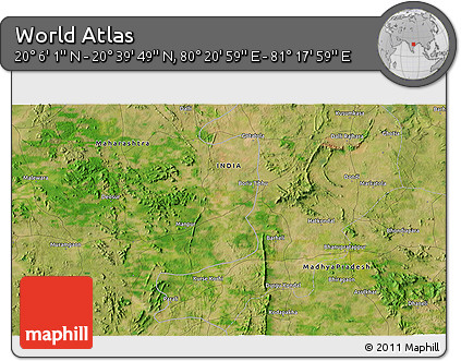 Satellite 3D Map of the Area around 20° 22' 55" N, 80° 49' 29" E
