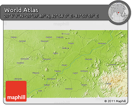 Physical 3D Map of the Area around 20° 22' 55" N, 83° 22' 30" E
