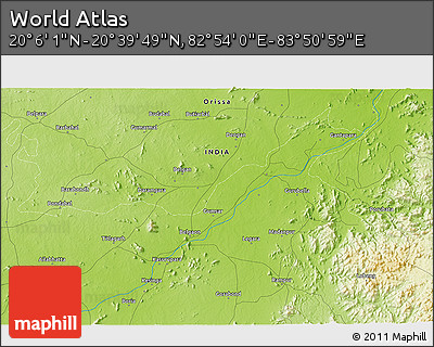 Physical 3D Map of the Area around 20° 22' 55" N, 83° 22' 30" E