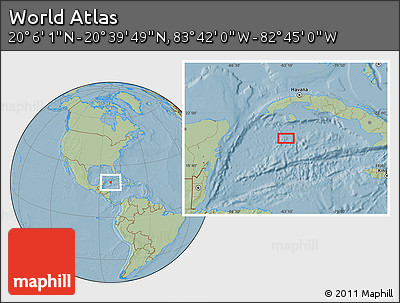 Savanna Style Location Map of the Area around 20° 22' 55" N, 83° 13' 29" W, hill shading