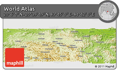 Physical Panoramic Map of the Area around 20° 22' 55" N, 84° 13' 29" E