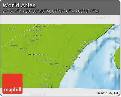 Physical 3D Map of the Area around 20° 22' 55" N, 87° 28' 29" W