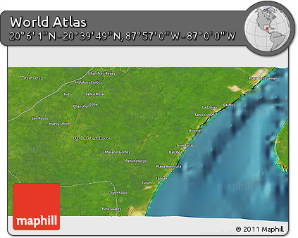 Satellite 3D Map of the Area around 20° 22' 55" N, 87° 28' 29" W