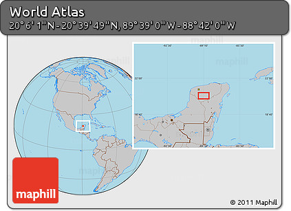 Gray Location Map of the Area around 20° 22' 55" N, 89° 10' 30" W