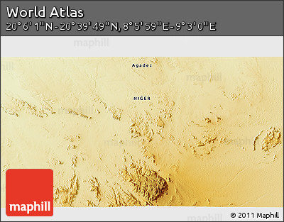 Physical 3D Map of the Area around 20° 22' 55" N, 8° 34' 29" E