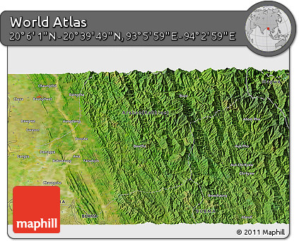 Satellite 3D Map of the Area around 20° 22' 55" N, 93° 34' 29" E