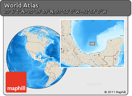 Shaded Relief Location Map of the Area around 20° 22' 55" N, 93° 25' 30" W