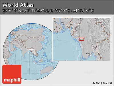 Gray Location Map of the Area around 20° 22' 55" N, 94° 25' 30" E, hill shading