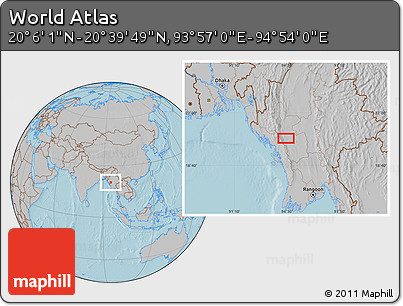 Gray Location Map of the Area around 20° 22' 55" N, 94° 25' 30" E, hill shading