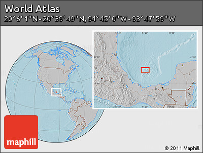 Gray Location Map of the Area around 20° 22' 55" N, 94° 16' 30" W, hill shading