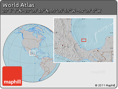 Gray Location Map of the Area around 20° 22' 55" N, 95° 7' 30" W, hill shading