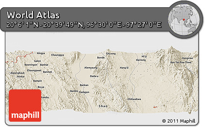 Shaded Relief Panoramic Map of the Area around 20° 22' 55" N, 96° 58' 29" E