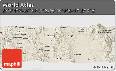 Shaded Relief Panoramic Map of the Area around 20° 22' 55" N, 96° 58' 29" E