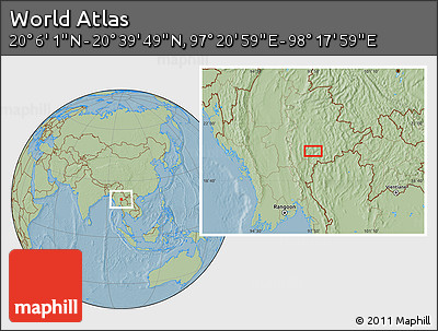 Savanna Style Location Map of the Area around 20° 22' 55" N, 97° 49' 29" E, hill shading