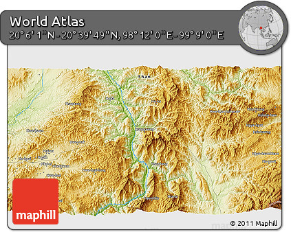 Physical 3D Map of the Area around 20° 22' 55" N, 98° 40' 30" E