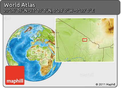 Physical Location Map of the Area around 20° 53' 8" N, 0° 4' 30" E