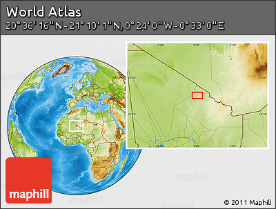 Physical Location Map of the Area around 20° 53' 8" N, 0° 4' 30" E