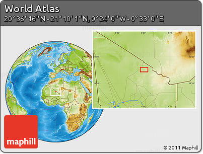 Physical Location Map of the Area around 20° 53' 8" N, 0° 4' 30" E