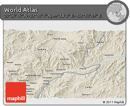 Shaded Relief 3D Map of the Area around 20° 53' 8" N, 100° 22' 30" E