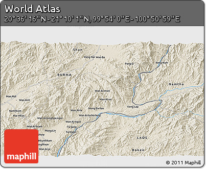 Shaded Relief 3D Map of the Area around 20° 53' 8" N, 100° 22' 30" E