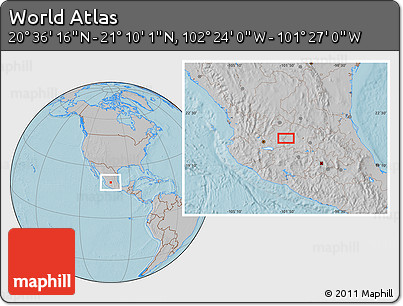Gray Location Map of the Area around 20° 53' 8" N, 101° 55' 30" W, hill shading