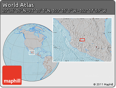 Gray Location Map of the Area around 20° 53' 8" N, 102° 46' 30" W, hill shading