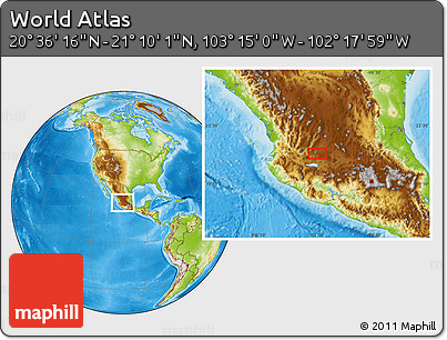Physical Location Map of the Area around 20° 53' 8" N, 102° 46' 30" W