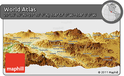 Physical Panoramic Map of the Area around 20° 53' 8" N, 104° 28' 29" W