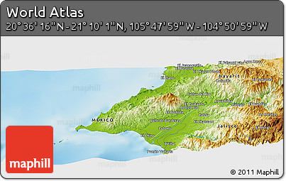 Physical Panoramic Map of the Area around 20° 53' 8" N, 105° 19' 29" W