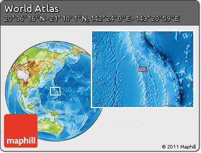 Physical Location Map of the Area around 20° 53' 8" N, 142° 52' 30" E