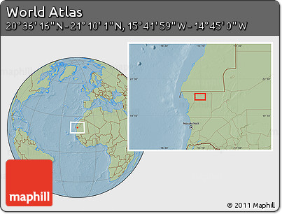 Savanna Style Location Map of the Area around 20° 53' 8" N, 15° 13' 29" W, hill shading
